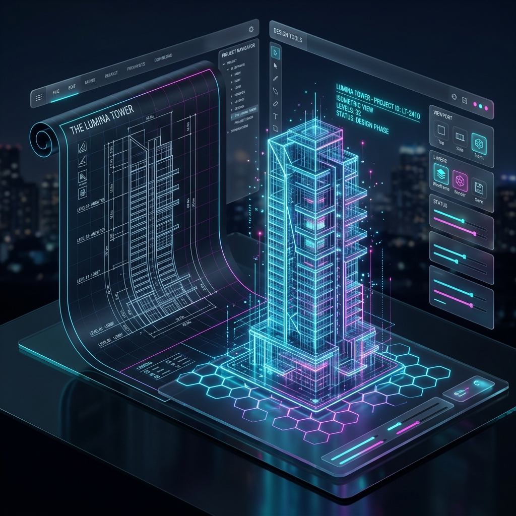 Architectural blueprint transforming into a 3D isometric building